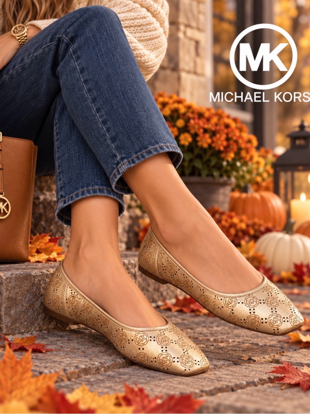 Michael Kors Metallic Gold Logo Perforated Leather Ballet Flats Women’s 9.5M